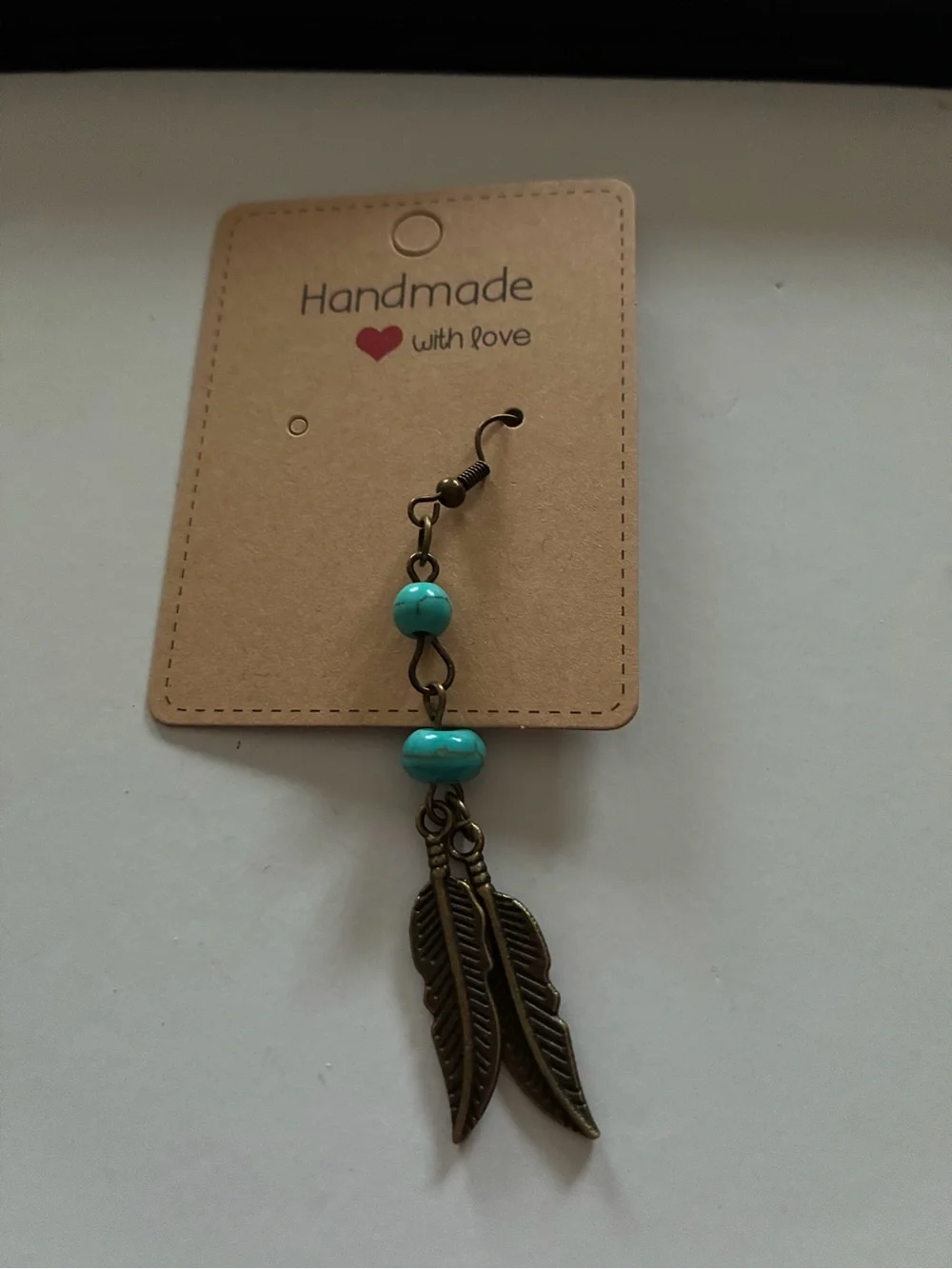 Handmade one Turquoise Bead & Brass Feather Drop Earring for men